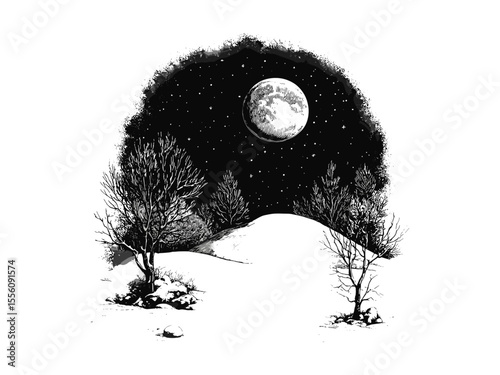 Snowy hill winter engraving, vintage seasonal night, moonlit holiday decor, hand-drawn black sketch, old engraving style, trendy vintage winter design, rustic winter woodland illustration