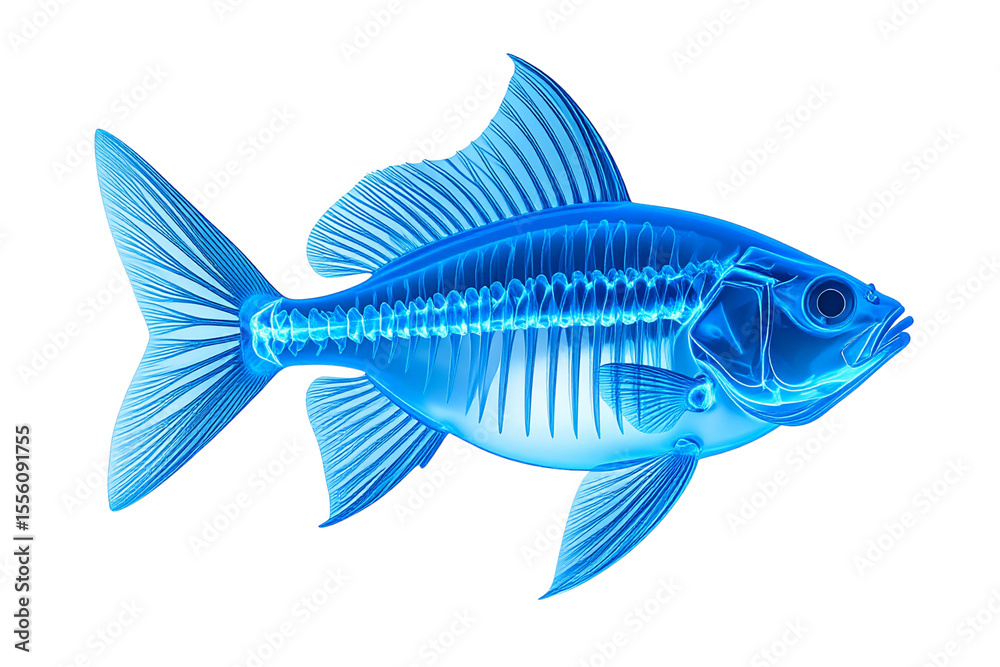 Obraz premium X-Ray of a Fish Swimming with Skeleton Visible, Side View, isolated on a transparent background
