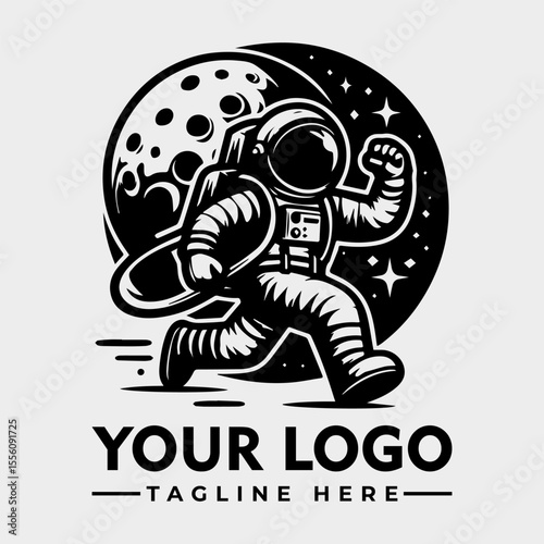 A stylized graphic logo featuring a running astronaut against a backdrop of a moon and stars.