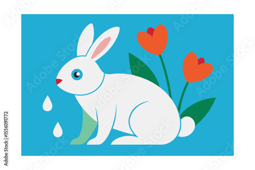 Adorable White Rabbit Illustration with Spring Tulips