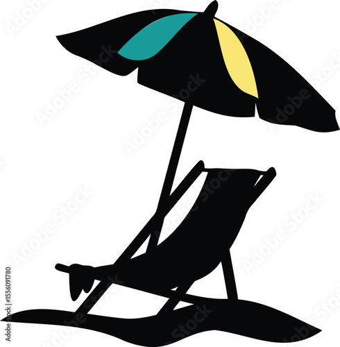 Black and white vector with color accents of a beach umbrella and lounge chair on sand for summer vacation designs