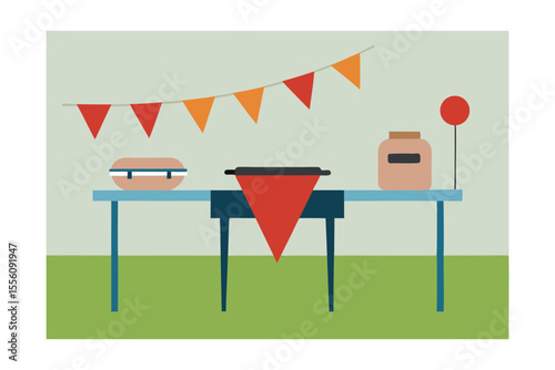 Festive Outdoor Party Setup Hot Dog, Grill, and Bunting