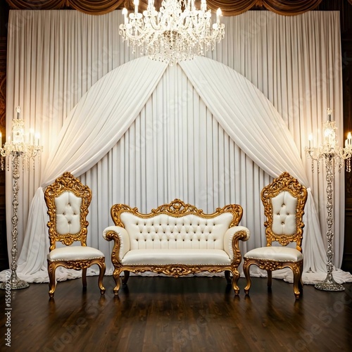 Classic wedding seating with oval arch and white drapery.
