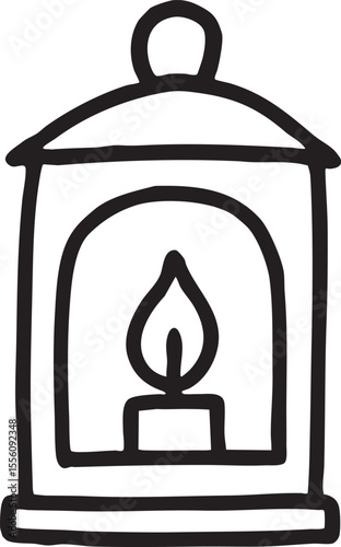 Simple Black and White Line Art Illustration of a Lantern with a Lit Candle Inside for Decoration