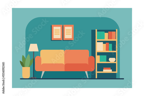 Cozy Living Room Interior: A modern and inviting illustration captures a serene living room scene, featuring a comfortable sofa, bookshelf, and decorative elements.