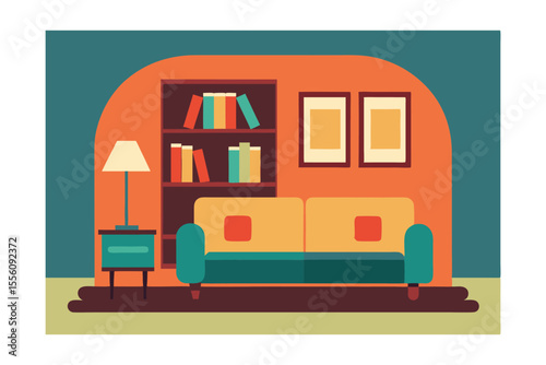 Cozy Interior Illustration: A beautifully illustrated living room with a sofa, bookshelf, and lamp, creating a warm and inviting atmosphere.