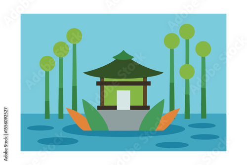 Serene Asian Temple Illustration: A tranquil illustration featuring a traditional Asian temple, nestled amidst a peaceful lake scene, reflecting cultural heritage.