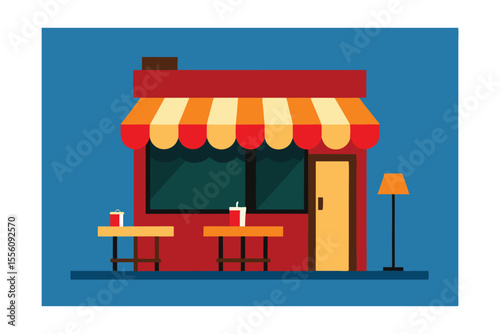 Red Shop: A charming red shop with a striped awning and outdoor seating, perfect for a small business or cafe.