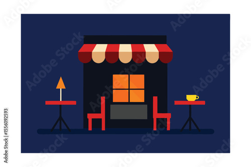 Cozy Cafe: Minimalist illustration capturing the inviting facade of a cafe. The scene exudes a sense of warmth and tranquility.
