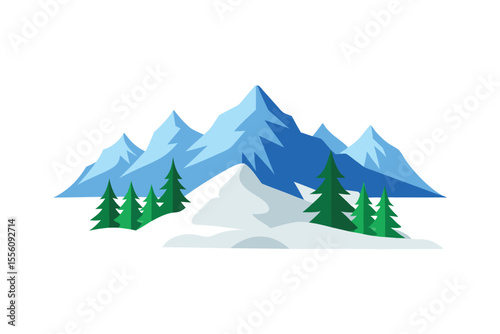 Winter Mountain Landscape Illustration: A breathtaking illustration captures the majestic beauty of a winter mountain landscape, where snow-capped peaks meet with evergreen trees. 