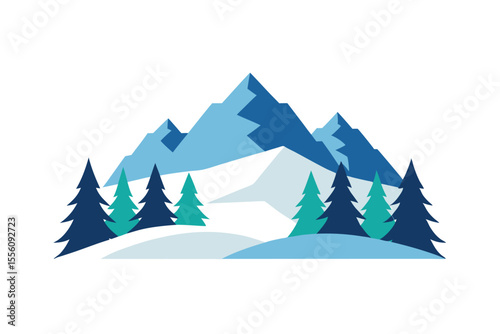 Snowy Mountain Peak with Pine Trees: A stylized illustration of a snow-capped mountain peak with evergreen pine trees nestled in the snowy valley below.