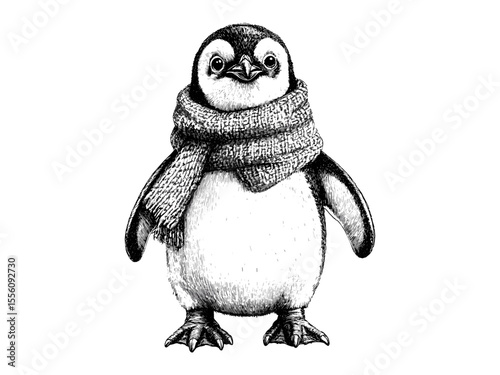 Hand-drawn winter penguin with scarf, vintage seasonal animal engraving, Christmas decor motif, black sketch style, old engraving technique, trendy holiday illustration, winter wildlife art