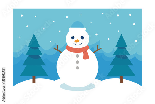 Snowman Winter Scene: A cheerful snowman stands amidst a serene winter landscape with delicate snowflakes and towering pine tree, encapsulating the simple pleasures of the season.