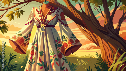 close up A flowing maxi dress in soft earth tones sways gently on a wooden hanger beneath a tree in golden hour light. Its floral embroidery and flared sleeves give it a rustic charm.