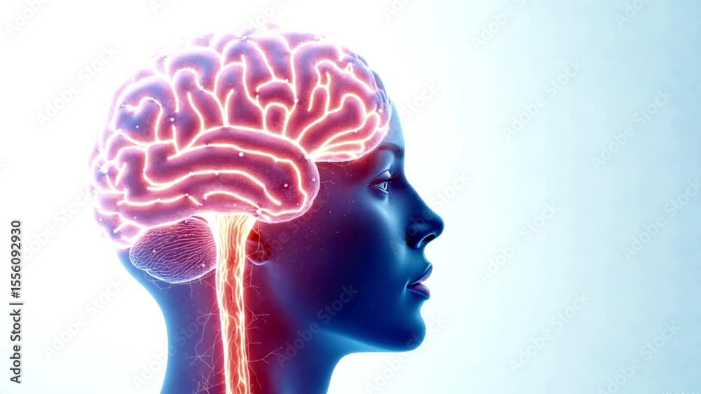human head with brain. human head with brain. Head, brain lit up, neural connections, head tissues moving