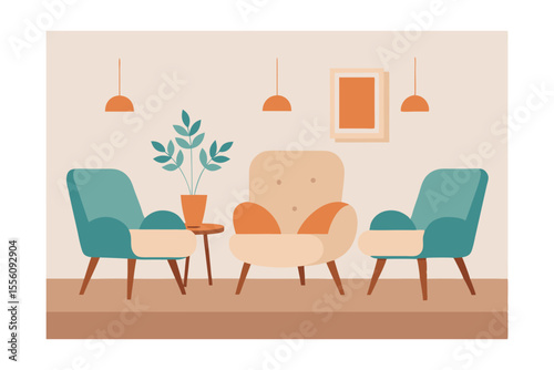 Serene Lounge Interior: A digitally crafted lounge space, filled with elegant furniture and design elements, creating a sense of calm, ideal for showcasing interior design concepts.