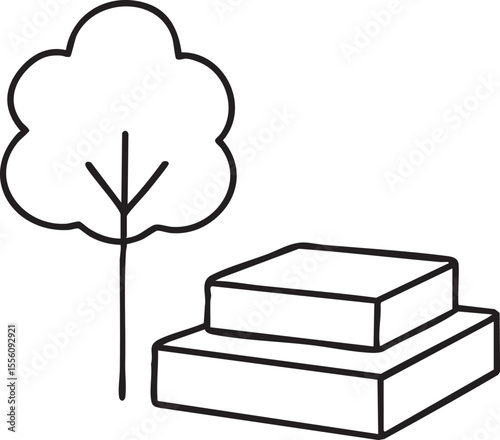 Simple Line Art Illustration of a Tree Beside a Two Tiered Rectangular Stage or Platform minimalist