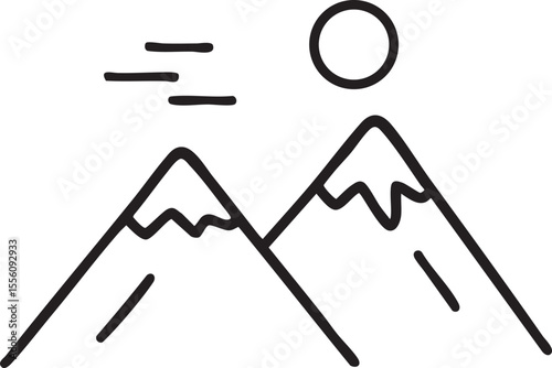 Minimalist Mountain Landscape with Sun and Wind Black and White Line Art Illustration for Nature and Travel Concepts