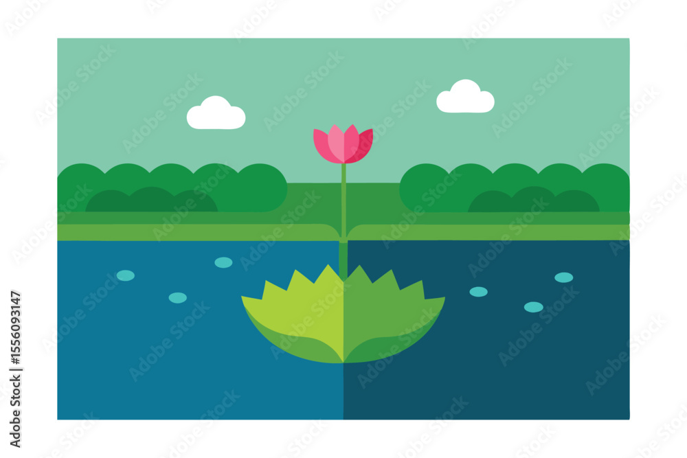 Fototapeta premium Blooming Lily in Serene Waters: A vibrant illustration of a delicate lily gracefully rising from the calm water surface, creating a peaceful and harmonious scene. A symbol of beauty and tranquility.