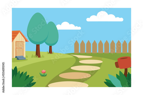 Serene Garden Landscape: A whimsical illustration of a charming garden scene, complete with a neatly paved path, vibrant greenery, and inviting wooden features.