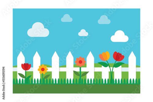 Springtime Garden: A cheerful illustration of a vibrant garden scene, featuring a white picket fence, colorful flowers, lush green grass, and fluffy clouds.