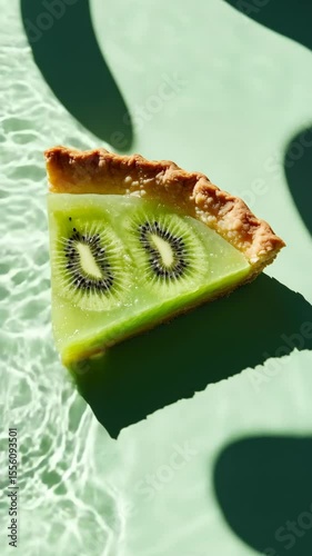 Kiwi fruit tart slice on a mint green surface