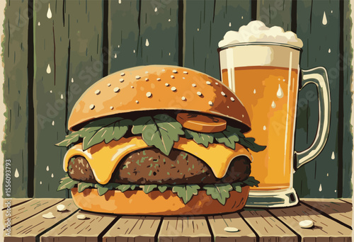 Vector illustration of an isolated cheeseburger with beef, cheese, lettuce, tomato, onion, and sesame bun. Perfect for fast food menus, snack designs, lunch promotions, and unhealthy food concepts.

