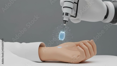 Futuristic Robot Arm Injecting Vaccine into Human Arm with Chip Implant