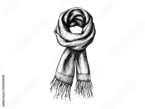 Vintage winter scarf engraving, hand-drawn holiday fashion, black sketch, cold season clothing, trendy seasonal style, old engraving technique, classic winter wear, cozy fashion design