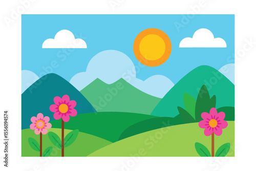 spring landscape with flowers and mountains