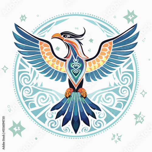 Majestic phoenix design with stylized wings against a patterned circle background creates a striking symbol for mythical branding.