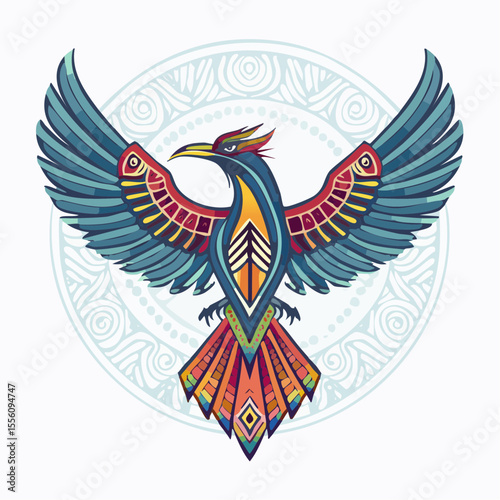Majestic soaring phoenix with decorative mandala in colorful design can be utilized for various creative projects.