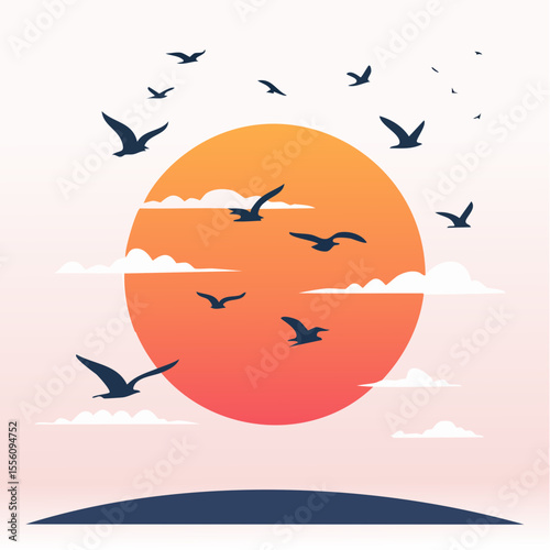 Graceful birds silhouettes fly against a gradient sunset sky, ideal for nature-themed logos or minimalist graphic backgrounds.