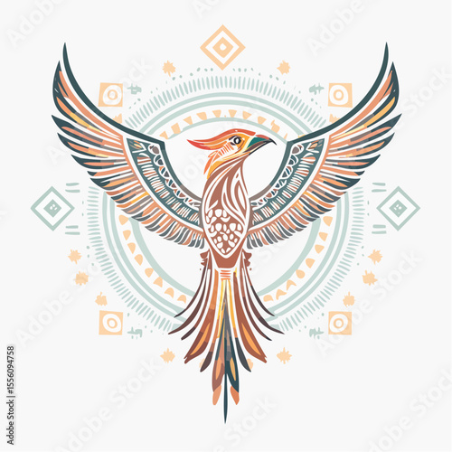 Decorative phoenix design showcases a tribal style bird with open wings against a background of geometric shapes and earthy colors.