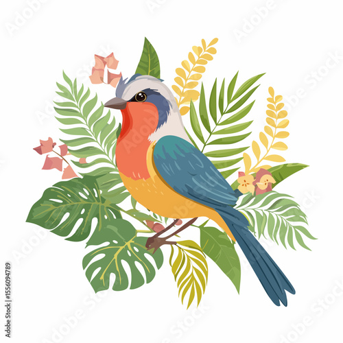A colorful bird perched among tropical leaves and flowers, a vibrant and attractive design element ideal for nature-themed projects.