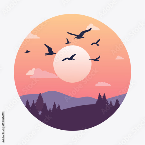 Sunset flight depicts a landscape featuring flying birds, peaceful clouds, mountains, and fir trees in a circle, suitable for icon or logo designs.