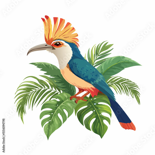Vibrant tropical bird perched on lush palm leaves showcases a stunning nature element suitable for diverse creative projects