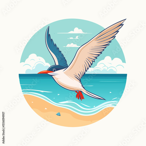 Graceful tern soars above a tranquil ocean, ideal for seaside resort branding or coastal bird conservation project design.