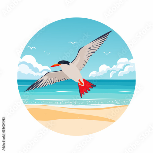 A serene seaside scene features a flying bird above the beach, ideal for summer themes and vacation-related graphic elements.