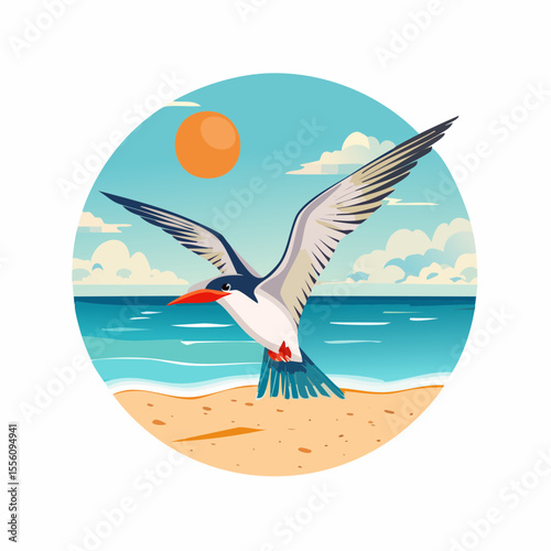 Soaring bird design with serene beach background under bright sun, ideal for travel-themed graphics and logos.
