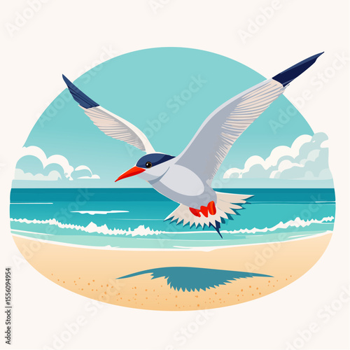 Graceful bird soaring over a serene beach, ideal for summer themed designs, logo creation, and captivating website elements.
