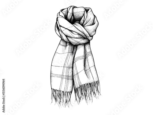 Winter scarf black line sketch, vintage holiday clothing engraving, cold season fashion, trendy seasonal artwork, hand-drawn style, old engraving technique, winter accessory fashion