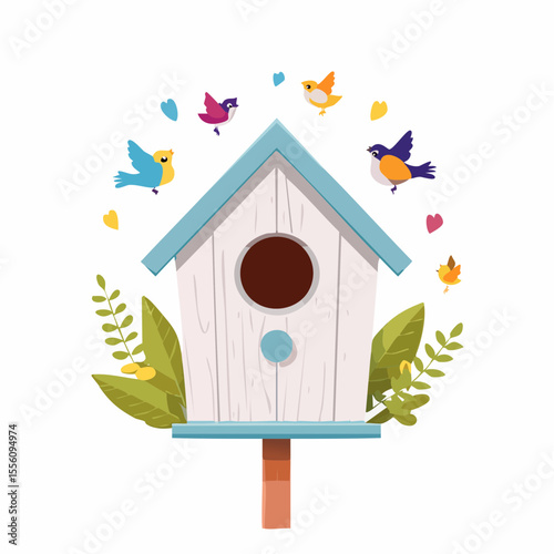 Cheerful birdhouse design with flying birds and plant accents, perfect for spring themes and cute springtime projects.