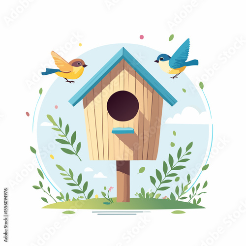 Cheerful springtime scene depicting two cute birds around a whimsical birdhouse, set within a serene natural backdrop with leaves.