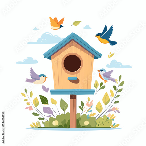 Birdhouse surrounded by flowers, leaves, and birds creates a charming design suited for springtime themes and nature-inspired graphics.