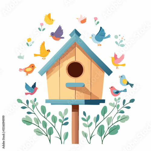 Charming birdhouse and colorful birds create a whimsical springtime scene, perfect for branding or greeting cards.