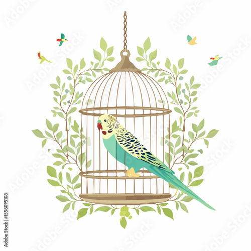 Charming design features a budgie in a cage surrounded by foliage and birds, suitable for prints or creative projects.