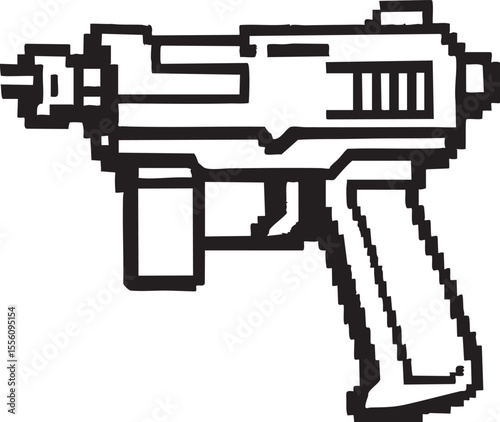 8 Bit Pixel Art Illustration of a Submachine Gun Black and White Outline Style Isolated on White