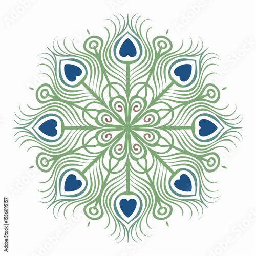 An ornamental peacock feather design with swirling lines radiates from the center in blue and green hues, evoking beauty.