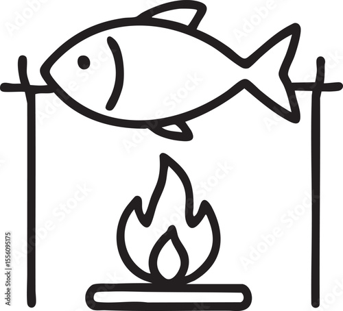Simple Line Art Illustration of Fish Cooking Over a Campfire for Outdoor Adventures and Culinary Themes
